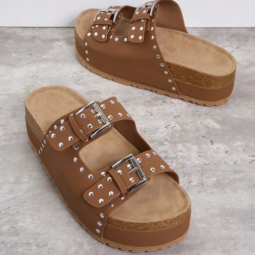 Wide Fit 🔥 Silver-Tone Hardware Adjustable Double Buckle Strap Sandals